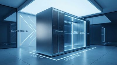 Ein abstraktes Bild von einem sauberen Server-Rack in einem kühlen, blauen Licht. Es strahlt Ruhe, Ordnung und Power aus. Kein Kabelgewirr. style: editorial photography, modern office context, minimal design, authentic lighting, 4k