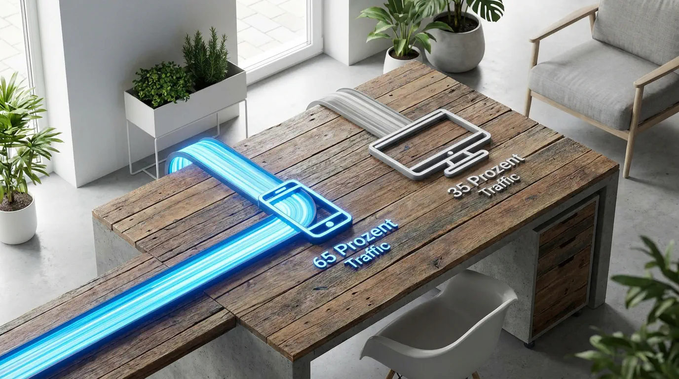 Eine schematische, isometrische Darstellung von Datenströmen. Ein dicker, leuchtender blauer Strom fließt in ein Smartphone-Symbol. Ein dünner, grauer Strom fließt in ein Desktop-Monitor-Symbol. Text am Smartphone auf Deutsch: &ldquo;65 Prozent Traffic&rdquo;. Text am Monitor auf Deutsch: &ldquo;35 Prozent Traffic&rdquo;. style: editorial photography, modern office context, minimal design, authentic lighting, 4k
