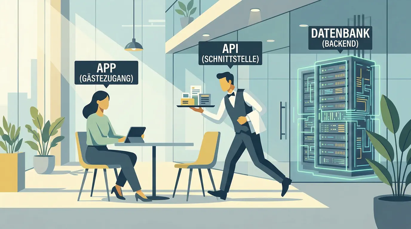 Eine stilisierte Illustration. Ein Gast sitzt am Tisch (App), ein Kellner (API) bringt ein Tablett, im Hintergrund die Küche (Datenbank). Modern, flat design, abstrakte Darstellung. style: editorial photography, modern office context, minimal design, authentic lighting, 4k