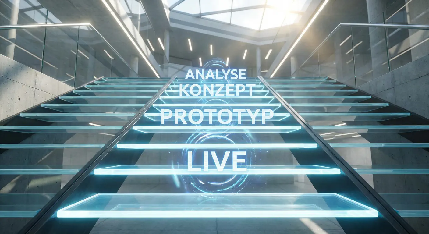 Eine modern inszenierte Treppe die nach oben führt. Jede Stufe leuchtet leicht. Schritte beschriftet (virtuell/Hologramm) mit: &ldquo;Analyse&rdquo;, &ldquo;Konzept&rdquo;, &ldquo;Prototyp&rdquo;, &ldquo;Live&rdquo;. Motivierend, futuristisch, hell. style: photorealistic, cinematic lighting, highly detailed, 8k resolution, depth of field