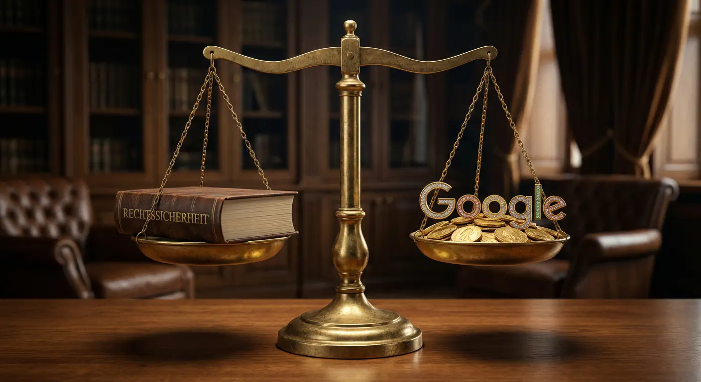 Eine fotorealistische Goldwaage. Auf der linken Schale liegt ein Gesetzbuch (Rechtssicherheit), auf der rechten Schale Goldmünzen und ein Google-Logo (Umsatz &amp; SEO). Beide Schalen sind perfekt im Gleichgewicht. Hochwertiger Studio-Hintergrund. style: photorealistic, cinematic lighting, highly detailed, 8k resolution, depth of field