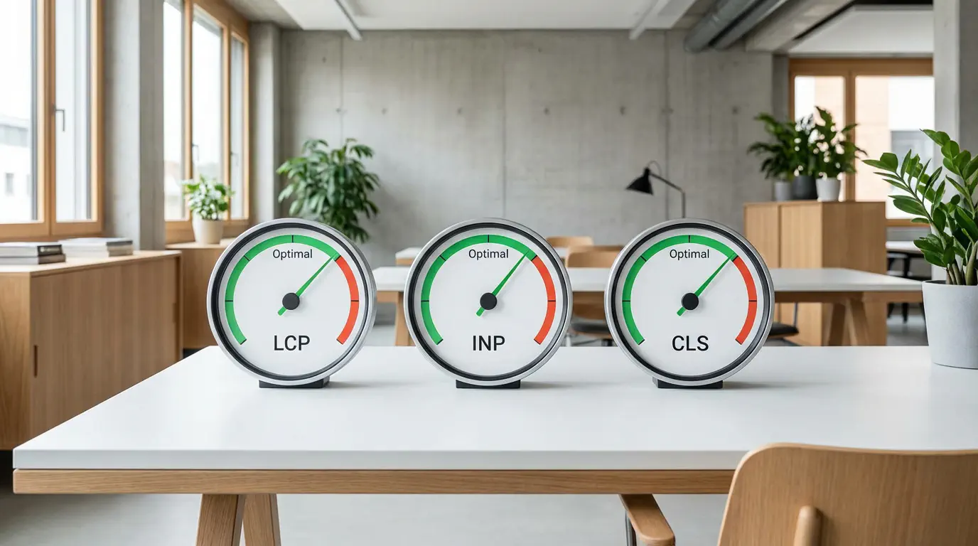 Drei moderne Tachometer-Anzeigen, die im grünen Bereich stehen. Beschriftet mit LCP, INP, CLS. Sauberer, minimalistischer Stil. style: editorial photography, modern office context, minimal design, authentic lighting, 4k