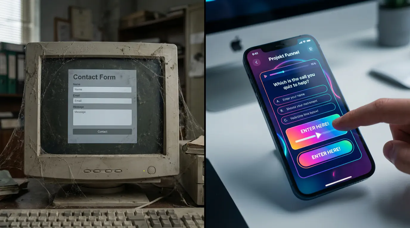 Geteilter Screen. Links: Ein verstaubtes, graues Kontaktformular auf einem alten Monitor, Spinnweben, langweilig. Rechts: Ein modernes, leuchtendes Smartphone mit einem bunten, interaktiven Quiz-Interface (&ldquo;Projekt Funnel&rdquo;), Finger tippt auf eine Option. Dynamisch, hell, futuristisch. style: photorealistic, cinematic lighting, highly detailed, 8k resolution, depth of field