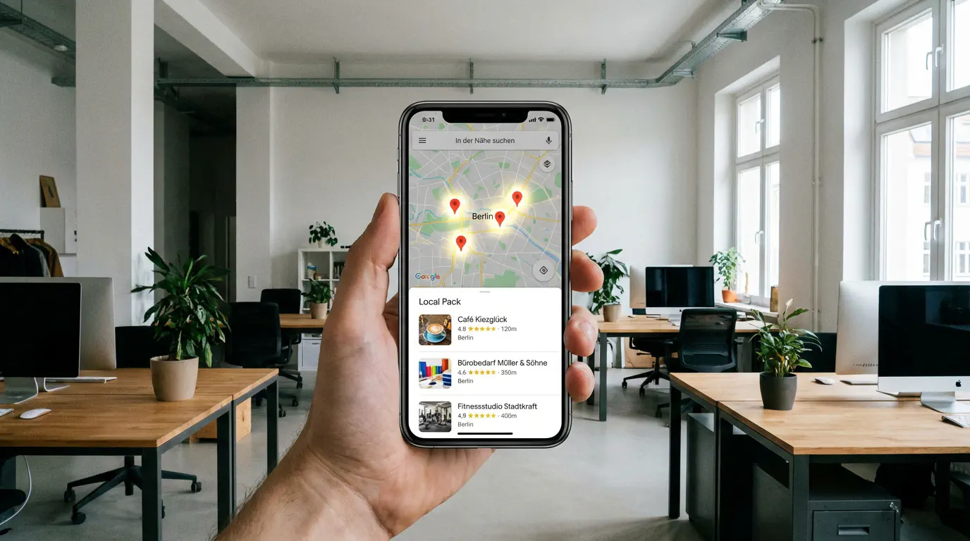 Ein Smartphone Screen zeigt Google Maps Suchergebnisse an. Drei Firmen sind hervorgehoben (Local Pack). Pins auf der Karte leuchten. Fokus auf Lokalisierung. style: editorial photography, modern office context, minimal design, authentic lighting, 4k