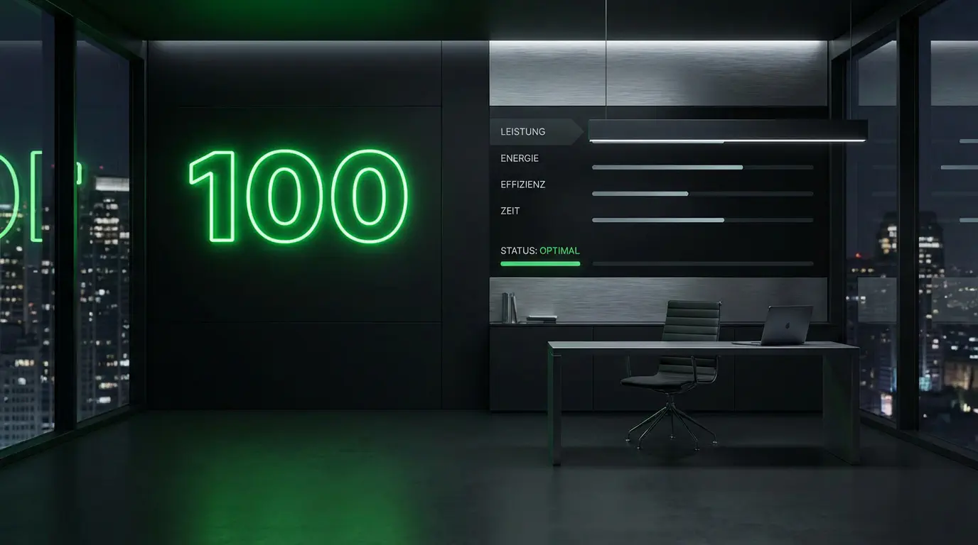 Ein ultra-modernes, minimalistisches Dashboard, das &ldquo;100&rdquo; in grünem Neon-Licht anzeigt. Das Design ist sauber, &ldquo;dark mode&rdquo;, und strahlt Präzision aus. style: editorial photography, modern office context, minimal design, authentic lighting, 4k