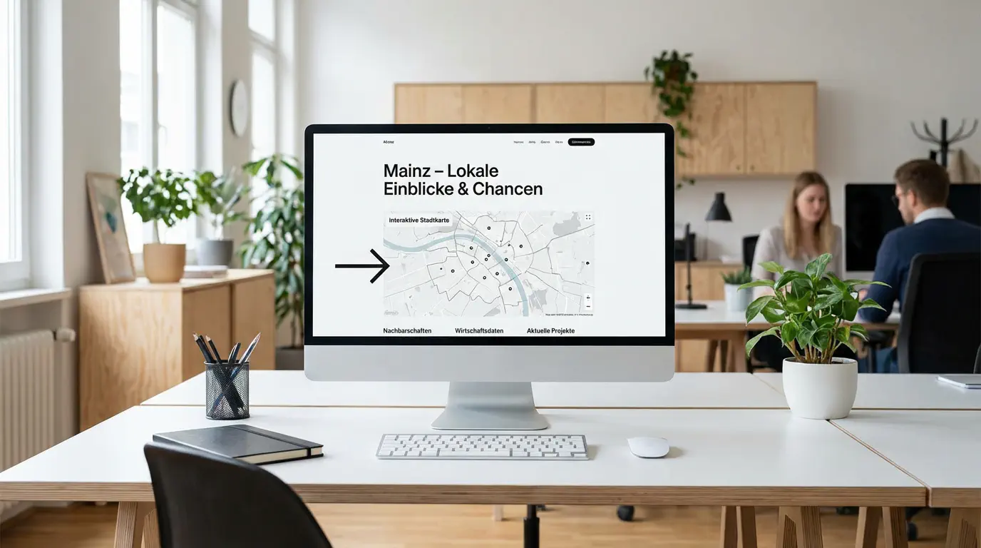 Eine Webseite auf einem Monitor. Man sieht deutlich eine Überschrift mit Ortsnamen &ldquo;Mainz&rdquo;. Ein Pfeil zeigt auf eine eingebettete Karte. Zeigt lokale Relevanz. style: editorial photography, modern office context, minimal design, authentic lighting, 4k