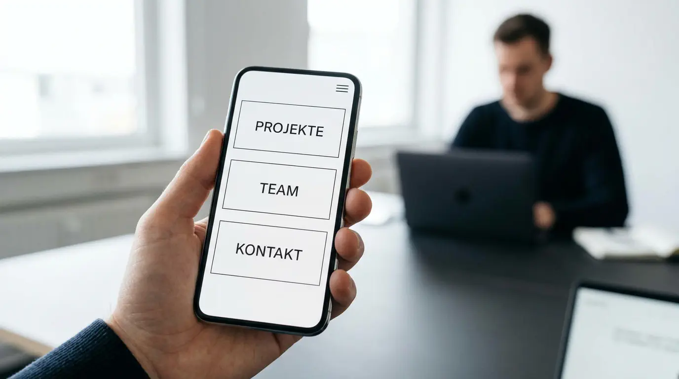 Eine Hand hält ein modernes rahmenloses Smartphone. Auf dem Screen sieht man eine extrem aufgeräumte, minimalistische Website mit großen Buttons. Im unscharfen Hintergrund sieht man eine Person an einem Laptop arbeiten, der aber ausgeschaltet oder dunkel ist. style: editorial photography, modern office context, minimal design, authentic lighting, 4k
