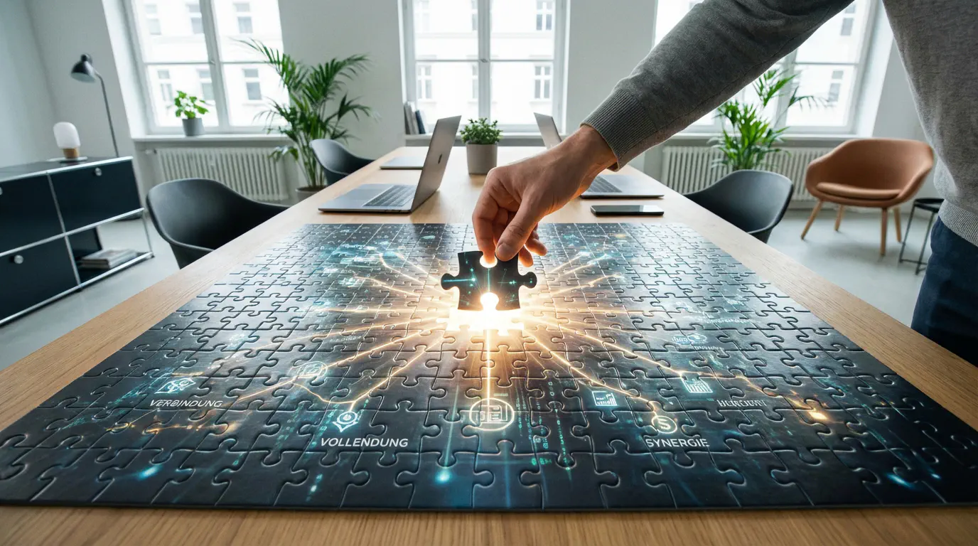 Ein großes, fast fertiges Puzzle. Eine Hand setzt das letzte, leuchtende Puzzleteil in die Mitte ein. Es symbolisiert die perfekte Verbindung und Vollendung. style: editorial photography, modern office context, minimal design, authentic lighting, 4k