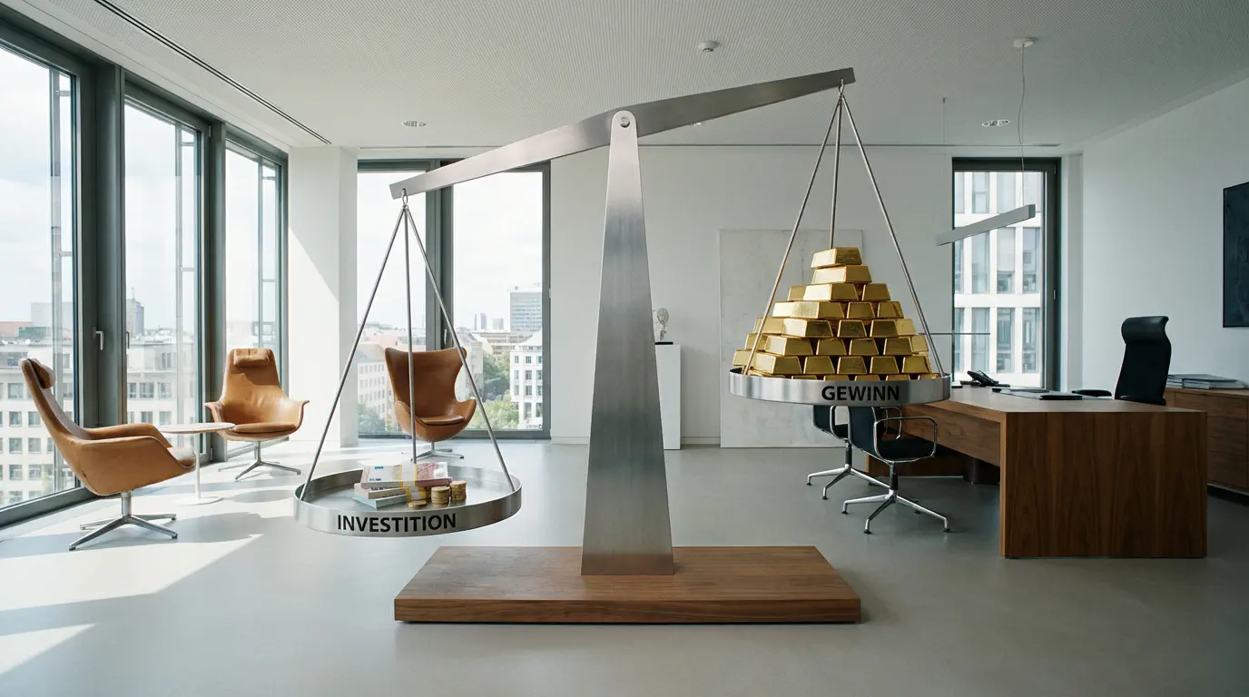 Eine moderne Waage. Auf der einen Seite ein kleines Gewicht &ldquo;Investition&rdquo; (Geldstapel), auf der anderen Seite viele Goldbarren &ldquo;Gewinn&rdquo;. Die Gewinn-Seite wiegt schwerer. Symbolisiert langfristigen Erfolg. style: editorial photography, modern office context, minimal design, authentic lighting, 4k