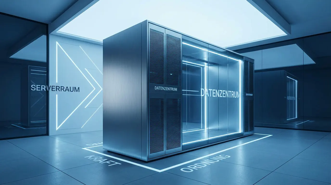 Ein abstraktes Bild von einem sauberen Server-Rack in einem kühlen, blauen Licht. Es strahlt Ruhe, Ordnung und Power aus. Kein Kabelgewirr. style: editorial photography, modern office context, minimal design, authentic lighting, 4k