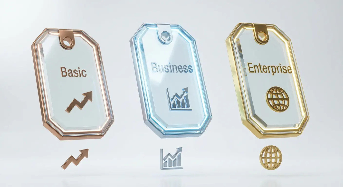 Drei moderne, schwebende Preisschilder aus Glas in unterschiedlichen Höhen. Links &ldquo;Basic&rdquo; (Bronze), Mitte &ldquo;Business&rdquo; (Silber/Blau leuchtend), Rechts &ldquo;Enterprise&rdquo; (Gold/Premium). Darunter 3D-Icons für wachsende Funktionalität. Heller, cleaner Studio-Hintergrund. style: photorealistic, cinematic lighting, highly detailed, 8k resolution, depth of field