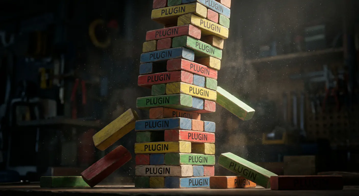 Ein wackeliger, instabiler Turm aus bunten, hölzernen Jenga-Steinen, der kurz vor dem Einsturz steht. Jeder Stein ist beschriftet mit &ldquo;Plugin&rdquo;. Dramatische Beleuchtung, dunkler Hintergrund, Staubteilchen in der Luft. style: photorealistic, cinematic lighting, highly detailed, 8k resolution, depth of field